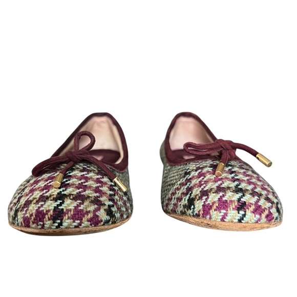 Burberry Women’s Houndstooth Check Bow Ballet Flats Purple Green Round Toe Shoes - Picture 11 of 15